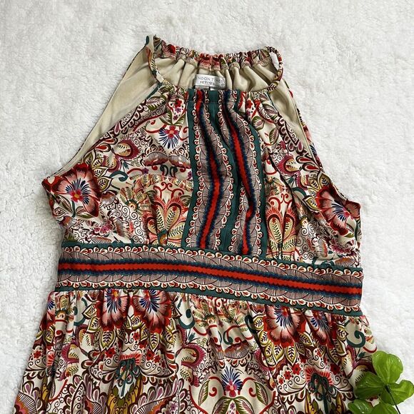 London Times Petit Women Mini Dress Size 4P Multicolor Print Strech Keyhole - Picture 2 of 7